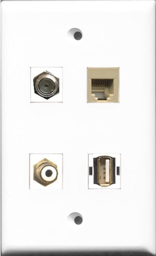 RiteAV 1 Port RCA White and 1 Port Coax Cable TV- F-Type and 1 Port USB A-A and 1 Port Phone RJ11 RJ12 Beige Wall Plate