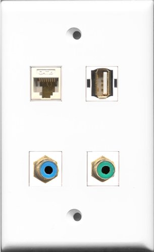 RiteAV 1 Port RCA Green and 1 Port RCA Blue and 1 Port USB A-A and 1 Port Cat6 Ethernet White Wall Plate