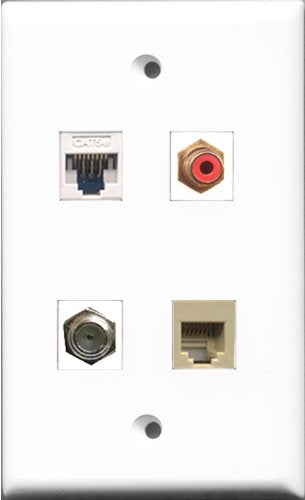 RiteAV 1 Port RCA Red and 1 Port Coax Cable TV- F-Type and 1 Port Phone RJ11 RJ12 Beige and 1 Port Cat5e Ethernet White Wall Plate