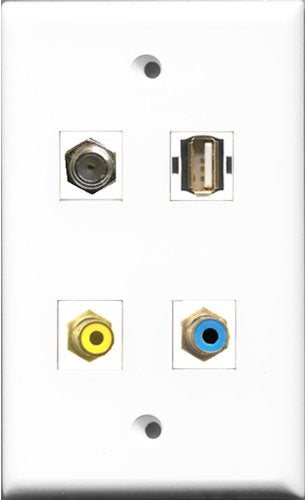 RiteAV 1 Port RCA Yellow and 1 Port RCA Blue and 1 Port Coax Cable TV- F-Type and 1 Port USB A-A Wall Plate
