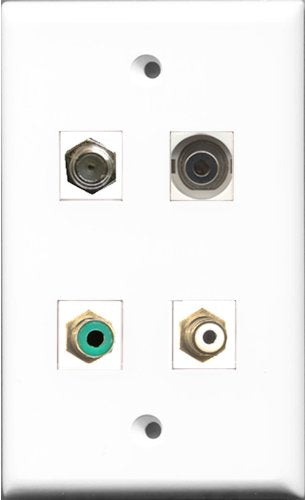 RiteAV 1 Port RCA White and 1 Port RCA Green and 1 Port Coax Cable TV- F-Type and 1 Port 3.5mm Wall Plate