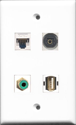 RiteAV 1 Port RCA Green and 1 Port USB A-A and 1 Port Toslink and 1 Port Cat5e Ethernet White Wall Plate