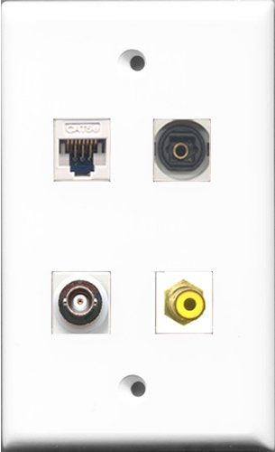 RiteAV 1 Port RCA Yellow and 1 Port Toslink and 1 Port BNC and 1 Port Cat5e Ethernet White Wall Plate