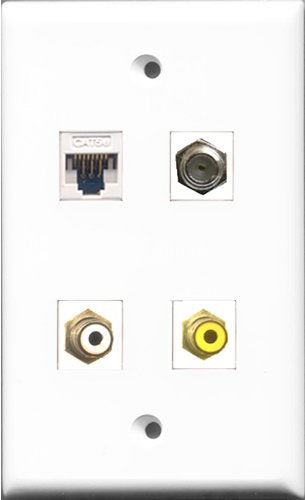 RiteAV - 1 Port RCA White and 1 Port RCA Yellow and 1 Port Coax Cable TV- F-Type and 1 Port Cat5e Ethernet White Wall Plate