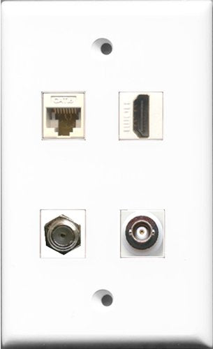 RiteAV 1 Port HDMI and 1 Port Coax Cable TV- F-Type and 1 Port BNC and 1 Port Cat6 Ethernet White Wall Plate