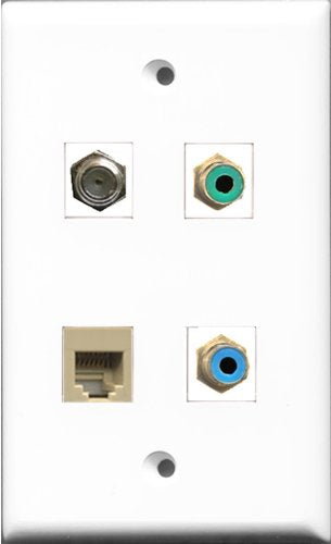 RiteAV 1 Port RCA Green and 1 Port RCA Blue and 1 Port Coax Cable TV- F-Type and 1 Port Phone RJ11 RJ12 Beige Wall Plate
