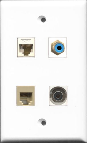 RiteAV 1 Port RCA Blue and 1 Port Phone RJ11 RJ12 Beige and 1 Port 3.5mm and 1 Port Cat6 Ethernet White Wall Plate