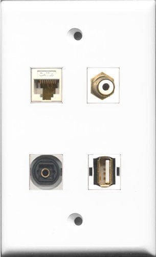 RiteAV 1 Port RCA White and 1 Port USB A-A and 1 Port Toslink and 1 Port Cat6 Ethernet White Wall Plate