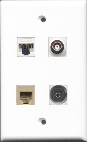 RiteAV - 1 Port Phone RJ11 RJ12 Beige and 1 Port Toslink and 1 Port BNC and 1 Port Cat5e Ethernet White Wall Plate