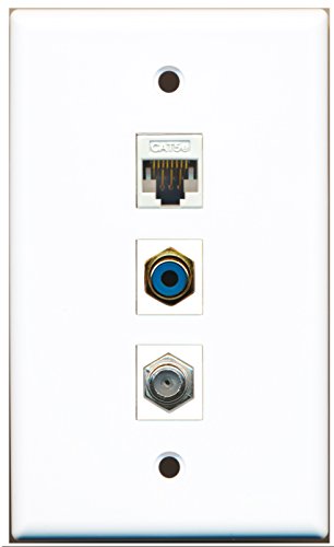 RiteAV - 1 Port RCA Blue and 1 Port Coax Cable TV- F-Type and 1 Port Cat5e Ethernet White Wall Plate