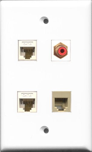 RiteAV 1 Port RCA Red and 1 Port Phone RJ11 RJ12 Beige 2 Port Cat6 Ethernet White Wall Plate