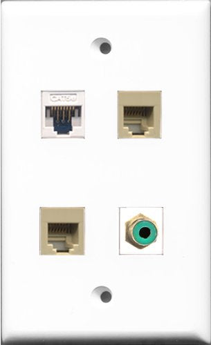 RiteAV 1 Port RCA Green 2 Port Phone RJ11 RJ12 Beige and 1 Port Cat5e Ethernet White Wall Plate