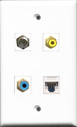 RiteAV 1 Port RCA Yellow and 1 Port RCA Blue and 1 Port Coax Cable TV- F-Type and 1 Port Cat5e Ethernet White Wall Plate