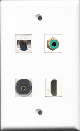 RiteAV 1 Port HDMI and 1 Port RCA Green and 1 Port Toslink and 1 Port Cat5e Ethernet White Wall Plate