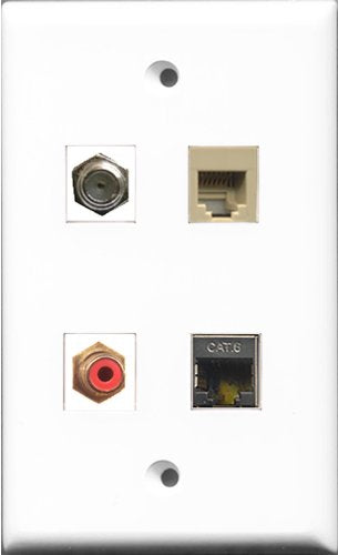 RiteAV 1 Port RCA Red and 1 Port Coax Cable TV- F-Type and 1 Port Phone RJ11 RJ12 Beige and 1 Port Shielded Cat6 Ethernet Wall Plate