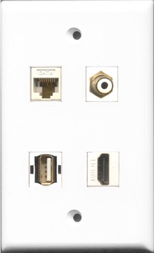 RiteAV 1 Port HDMI and 1 Port RCA White and 1 Port USB A-A and 1 Port Cat6 Ethernet White Wall Plate