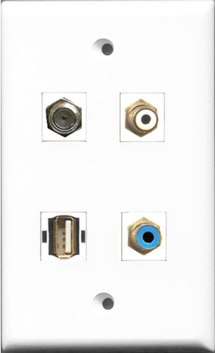 RiteAV 1 Port RCA White and 1 Port RCA Blue and 1 Port Coax Cable TV- F-Type and 1 Port USB A-A Wall Plate