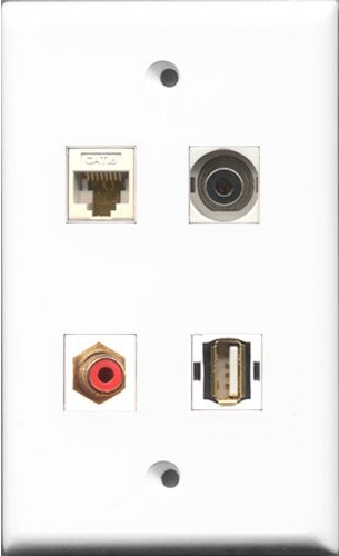 RiteAV 1 Port RCA Red and 1 Port USB A-A and 1 Port 3.5mm and 1 Port Cat6 Ethernet White Wall Plate