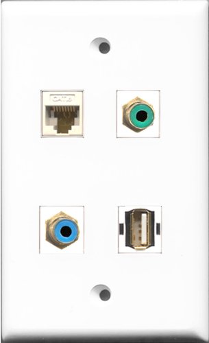 RiteAV 1 Port RCA Green and 1 Port RCA Blue and 1 Port USB A-A and 1 Port Cat6 Ethernet White Wall Plate