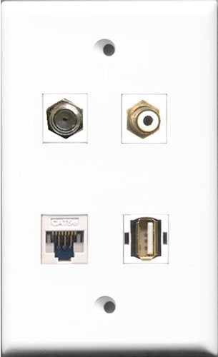 RiteAV 1 Port RCA White and 1 Port Coax Cable TV- F-Type and 1 Port USB A-A and 1 Port Cat5e Ethernet White Wall Plate