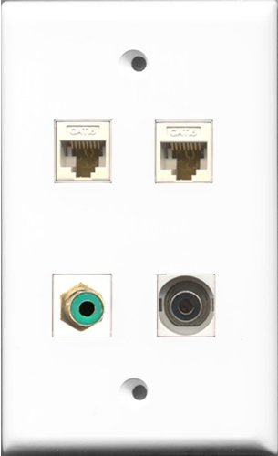 RiteAV 1 Port RCA Green and 1 Port 3.5mm 2 Port Cat6 Ethernet White Wall Plate