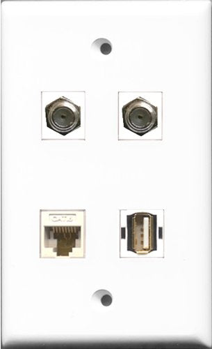 RiteAV - 2 Port Coax Cable TV- F-Type and 1 Port USB A-A and 1 Port Cat6 Ethernet White Wall Plate