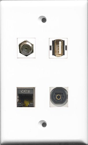 RiteAV 1 Port Coax Cable TV- F-Type and 1 Port USB A-A and 1 Port Shielded Cat6 Ethernet and 1 Port Toslink Wall Plate