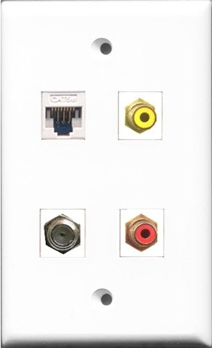 RiteAV 1 Port RCA Red and 1 Port RCA Yellow and 1 Port Coax Cable TV- F-Type and 1 Port Cat5e Ethernet White Wall Plate