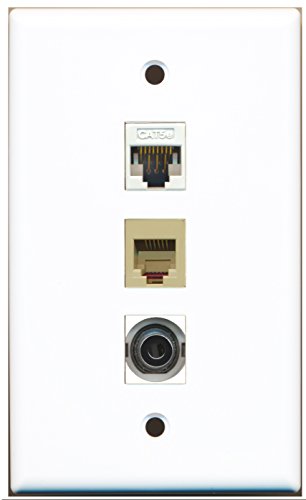 RiteAV - 1 Port Phone RJ11 RJ12 Beige and 1 Port 3.5mm and 1 Port Cat5e Ethernet White Wall Plate