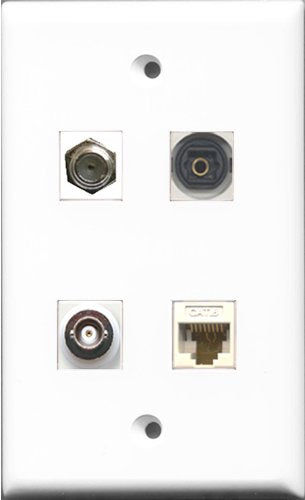 RiteAV 1 Port Coax Cable TV- F-Type and 1 Port Toslink and 1 Port BNC and 1 Port Cat6 Ethernet White Wall Plate