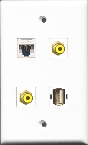 RiteAV - 2 Port RCA Yellow and 1 Port USB A-A and 1 Port Cat5e Ethernet White Wall Plate