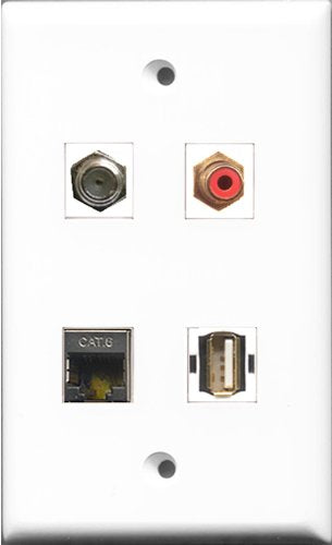 RiteAV 1 Port RCA Red and 1 Port Coax Cable TV- F-Type and 1 Port USB A-A and 1 Port Shielded Cat6 Ethernet Wall Plate