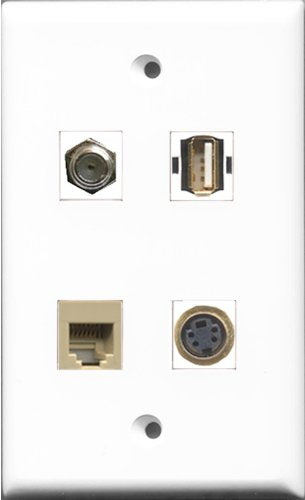 RiteAV 1 Port Coax Cable TV- F-Type and 1 Port USB A-A and 1 Port Phone RJ11 RJ12 Beige and 1 Port S-Video Wall Plate