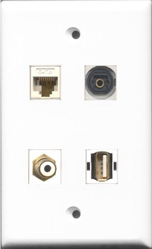 RiteAV 1 Port RCA White and 1 Port USB A-A and 1 Port Toslink and 1 Port Cat6 Ethernet White Wall Plate