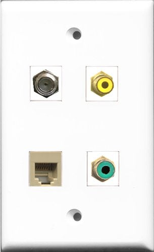 RiteAV 1 Port RCA Yellow and 1 Port RCA Green and 1 Port Coax Cable TV- F-Type and 1 Port Phone RJ11 RJ12 Beige Wall Plate