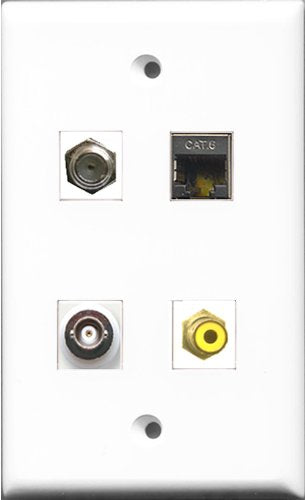 RiteAV 1 Port RCA Yellow and 1 Port Coax Cable TV- F-Type and 1 Port Shielded Cat6 Ethernet and 1 Port BNC Wall Plate