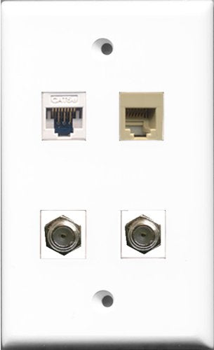 RiteAV - 2 Port Coax Cable TV- F-Type and 1 Port Phone RJ11 RJ12 Beige and 1 Port Cat5e Ethernet White Wall Plate