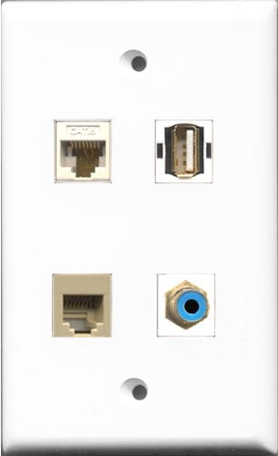 RiteAV 1 Port RCA Blue and 1 Port USB A-A and 1 Port Phone RJ11 RJ12 Beige and 1 Port Cat6 Ethernet White Wall Plate