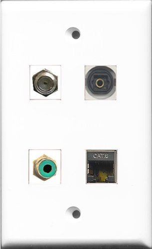 RiteAV 1 Port RCA Green and 1 Port Coax Cable TV- F-Type and 1 Port Shielded Cat6 Ethernet and 1 Port Toslink Wall Plate
