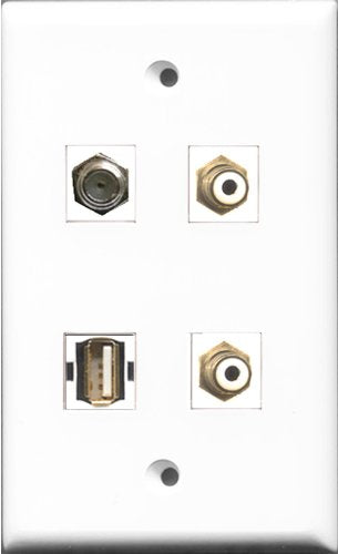 RiteAV - 2 Port RCA White and 1 Port Coax Cable TV- F-Type and 1 Port Shielded Cat6 Ethernet Wall Plate