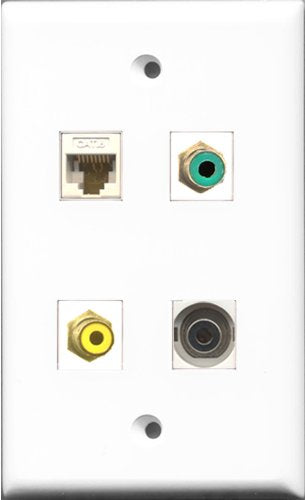 RiteAV 1 Port RCA Yellow and 1 Port RCA Green and 1 Port 3.5mm and 1 Port Cat6 Ethernet White Wall Plate