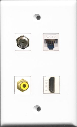 RiteAV 1 Port HDMI and 1 Port RCA Yellow and 1 Port Coax Cable TV- F-Type and 1 Port Cat5e Ethernet White Wall Plate