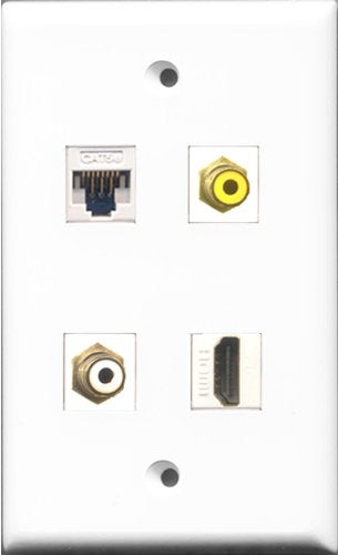 RiteAV 1 Port HDMI and 1 Port RCA White and 1 Port RCA Yellow and 1 Port Cat5e Ethernet White Wall Plate