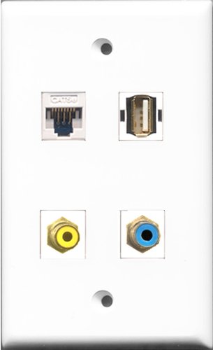RiteAV 1 Port RCA Yellow and 1 Port RCA Blue and 1 Port USB A-A and 1 Port Cat5e Ethernet White Wall Plate