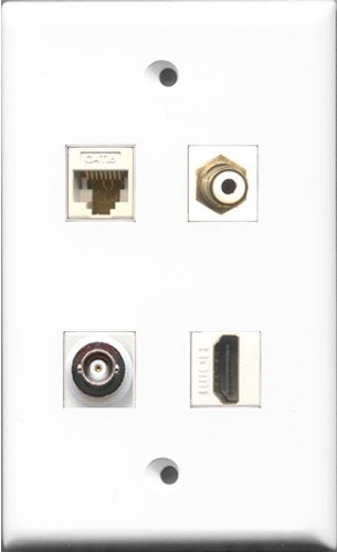 RiteAV 1 Port HDMI and 1 Port RCA White and 1 Port BNC and 1 Port Cat6 Ethernet White Wall Plate