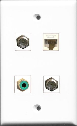 RiteAV 1 Port RCA Green 2 Port Coax Cable TV- F-Type and 1 Port Cat6 Ethernet White Wall Plate