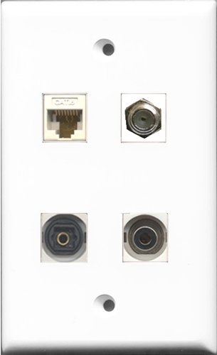 RiteAV 1 Port Coax Cable TV- F-Type and 1 Port Toslink and 1 Port 3.5mm and 1 Port Cat6 Ethernet White Wall Plate