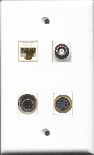 RiteAV 1 Port S-Video and 1 Port 3.5mm and 1 Port BNC and 1 Port Cat6 Ethernet White Wall Plate
