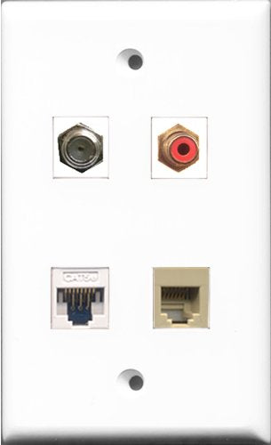 RiteAV 1 Port RCA Red and 1 Port Coax Cable TV- F-Type and 1 Port Phone RJ11 RJ12 Beige and 1 Port Cat5e Ethernet White Wall Plate