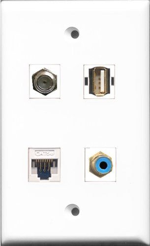 RiteAV 1 Port RCA Blue and 1 Port Coax Cable TV- F-Type and 1 Port USB A-A and 1 Port Cat5e Ethernet White Wall Plate